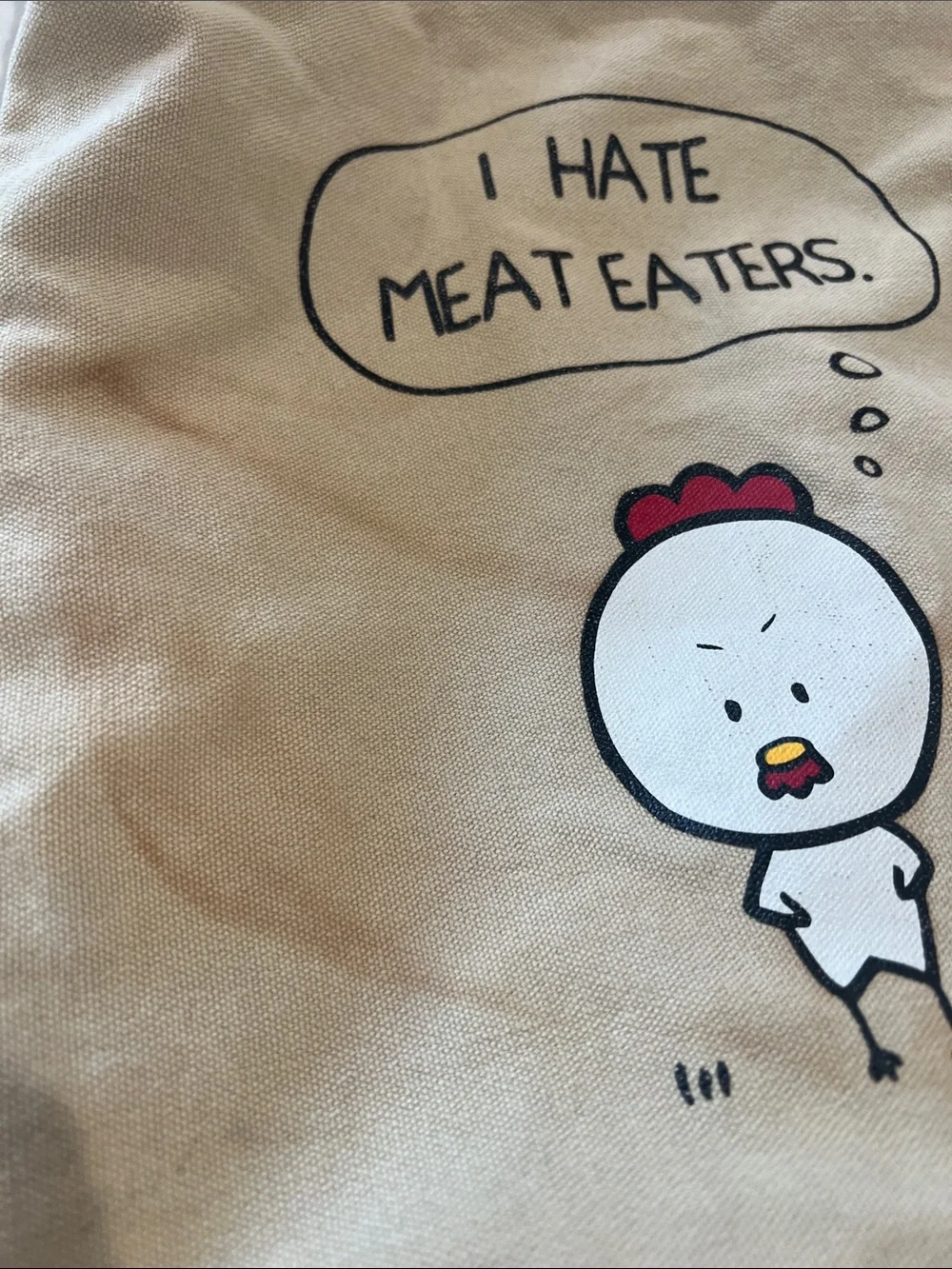 Angry Little Girls Canvas Tote Bag with 'I Hate Meat Eaters' Chicken Print - Tan